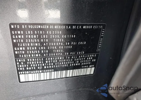 2019 Volkswagen Tiguan 2.0T Se/2.0T Sel/2.0T Sel R-Line/2.0T Sel R-Line Black from USA, damaged, VIN 3VV3B7AX0KM159663